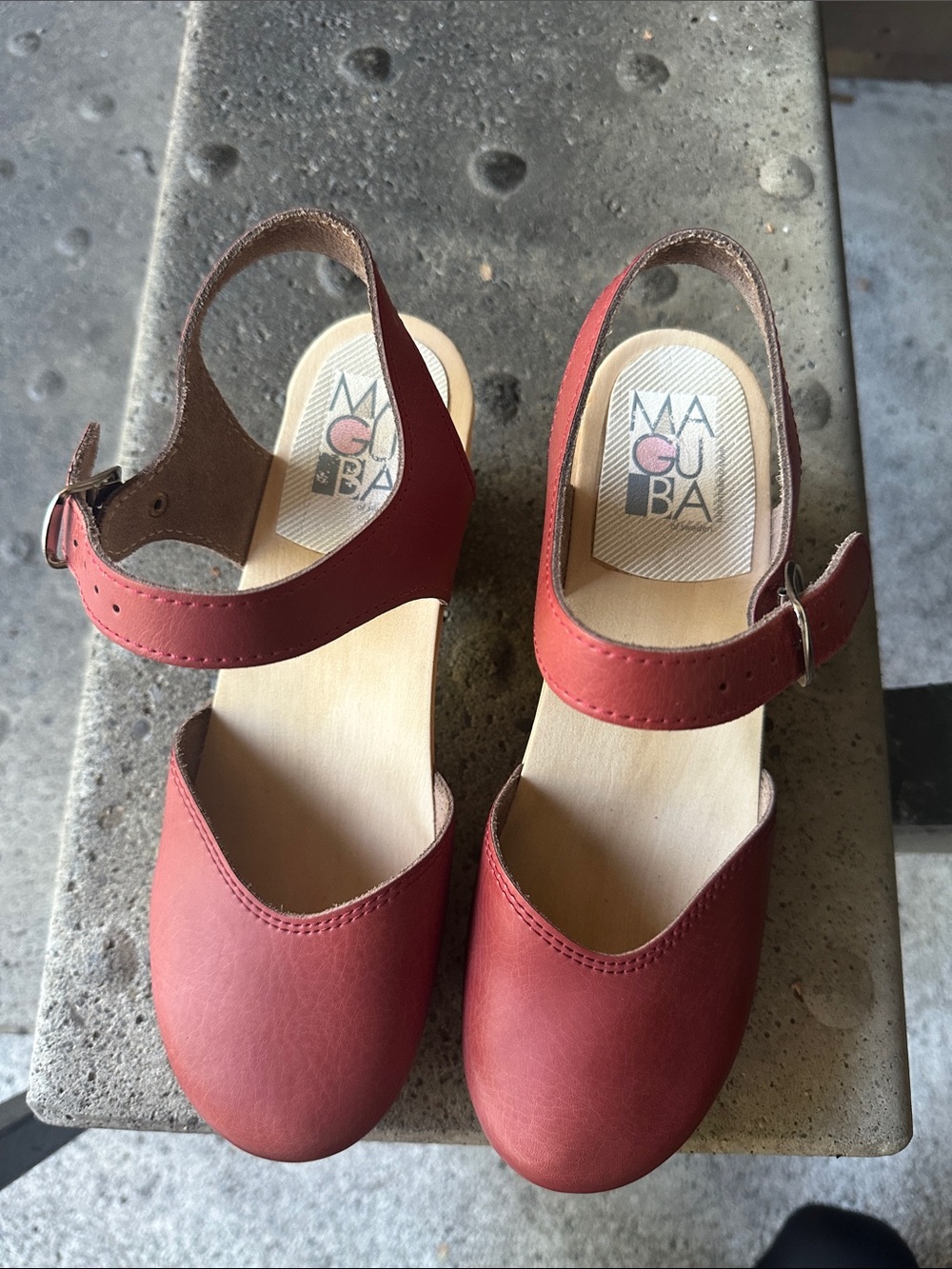 MAGUBA Sweden Monterey Red Burgundy Brown Mary Jane Wood Clogs sz 37 - Picture 6 of 7